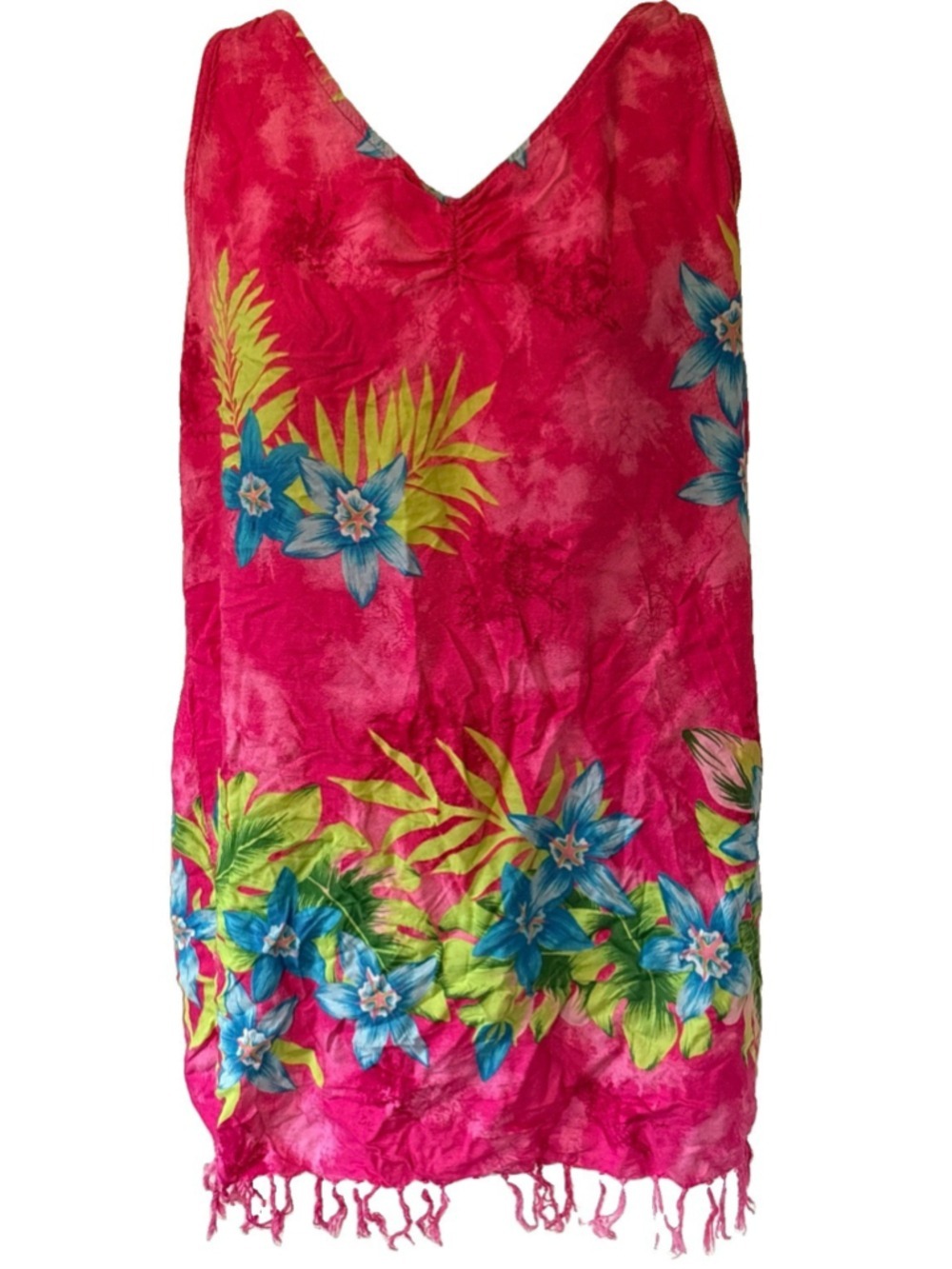 White Stag Women’s L Pink Tropical Floral Fringe Tank Dress Beach Cover Up Y2K